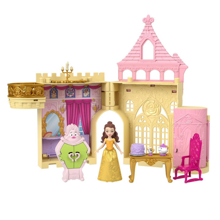 Mattel Disney Prinzessin-Spielzeug, Belles Stapelschloss Puppenhaus-Spielset mit kleiner Puppe und 9