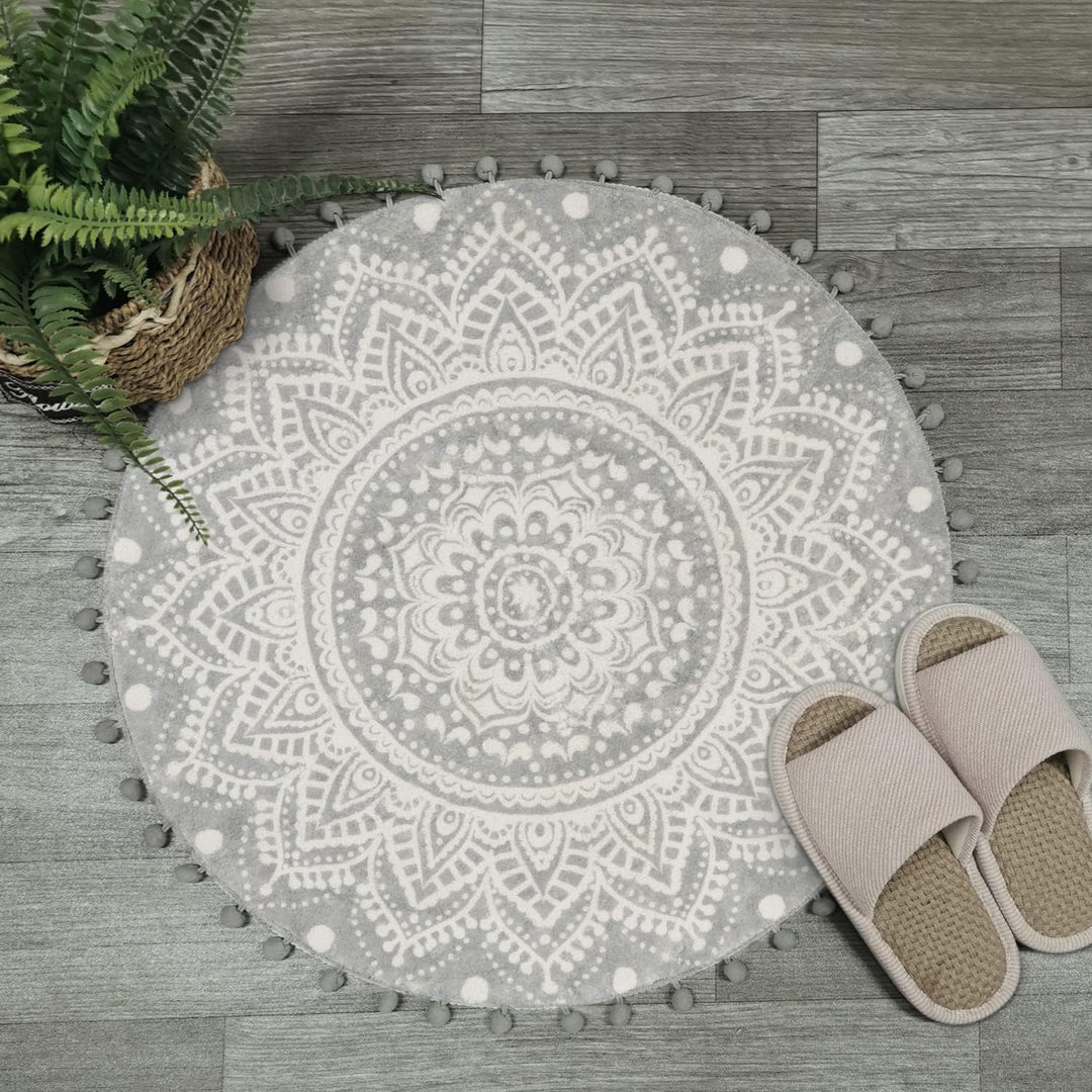 Uphome Runder Boho-Badteppich, 6,9 cm Durchmesser mit Pompom-Ball, Fransen, Vintage-Stil, Mandala, S