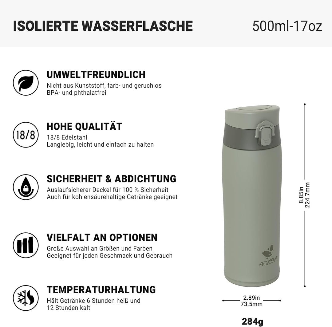 AORIN Trinkflasche Edelstahl 18/8, 500ml, Auslaufsicher Thermoskanne Isolierflasche Doppelwandig mit