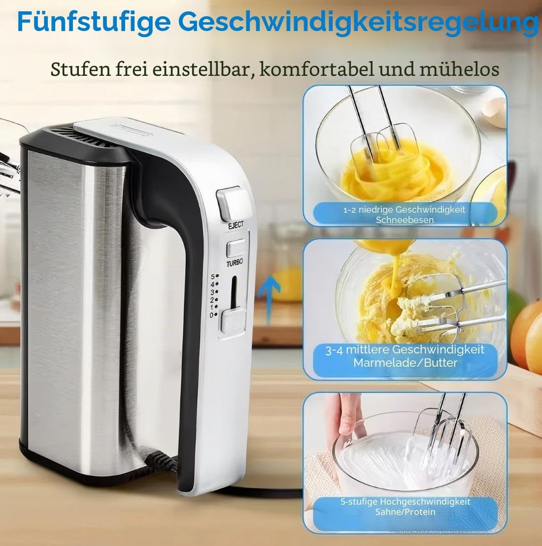 Elektrischer Handmixer, 800 W, Handmischer aus Edelstahl, Handmischer, 5 Geschwindigkeiten mit Ausga
