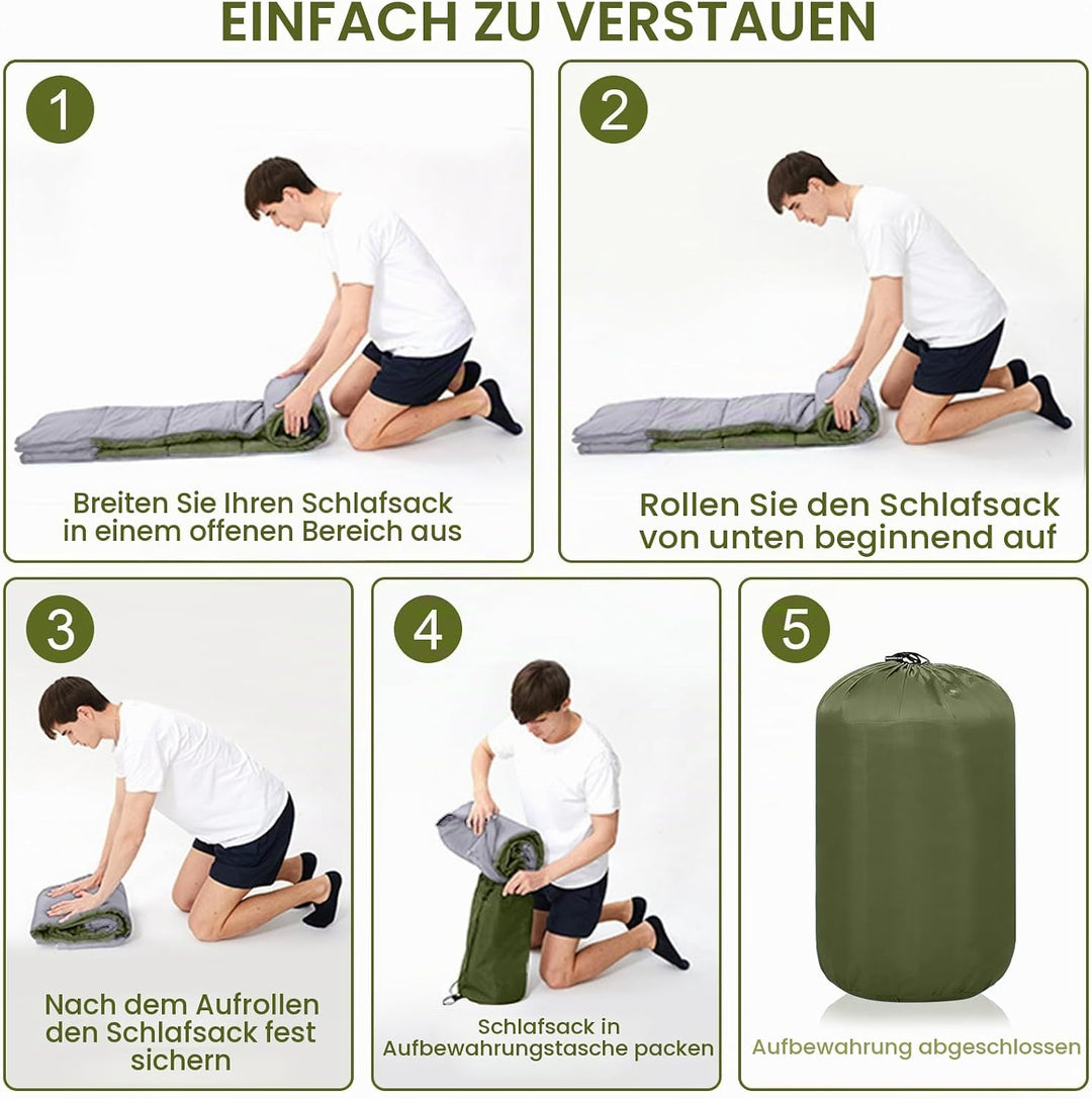 Grüner 220x85cm Wasserdichter Schlafsack mit Kompressionsbeutel, 3 Jahreszeiten Schlafsack 1.6kg, Tr