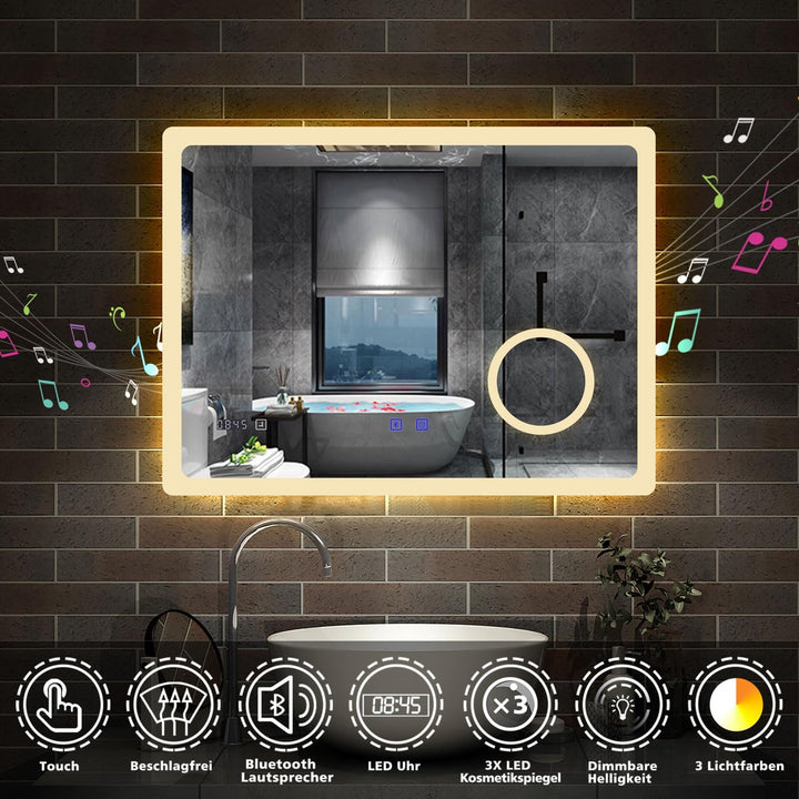 Badspiegel mit Bluetooth 80×60cm Uhr Schminkspeigel Kalt/Neutral/Warmweiss dimmbar Touch/Wandschalte