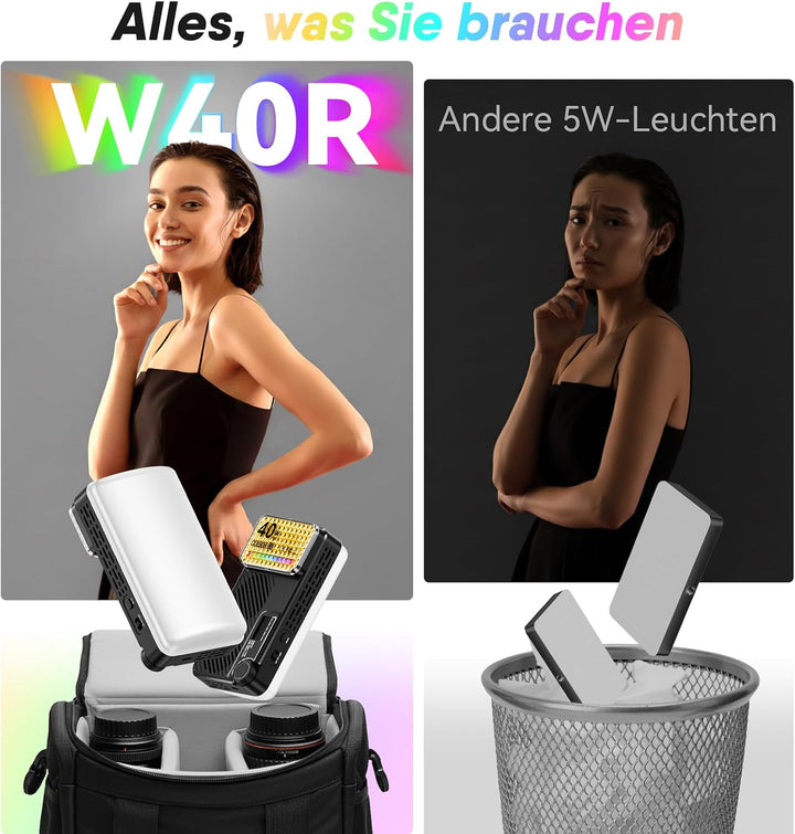 Moman Kleines LED-Kameralicht 40W, Full RGB Videoleuchten mit Diffusor, APP-Steuerung, 2500-9000K, C