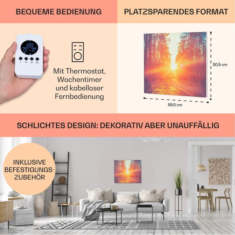 Klarstein Infrarotheizung mit Thermostat, 300 Watt Elektroheizung, Bild-Infrarotheizung zur Wandmont