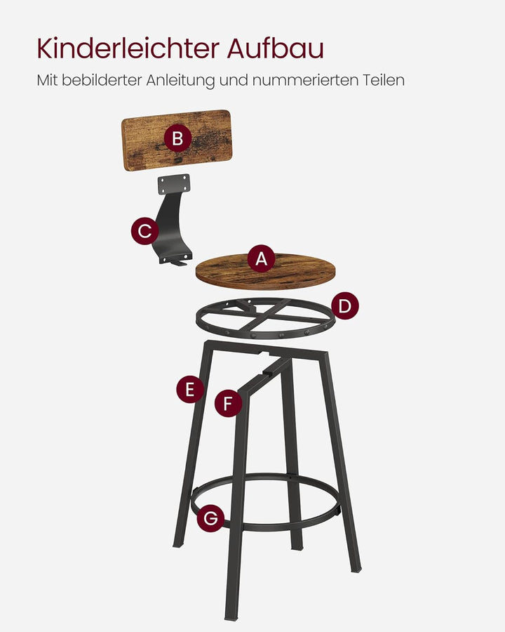 VASAGLE Barhocker, 2er Set, Barstühle, Küchenstühle mit Metallgestell, Sitzhöhe 62,5 cm, einfache Mo