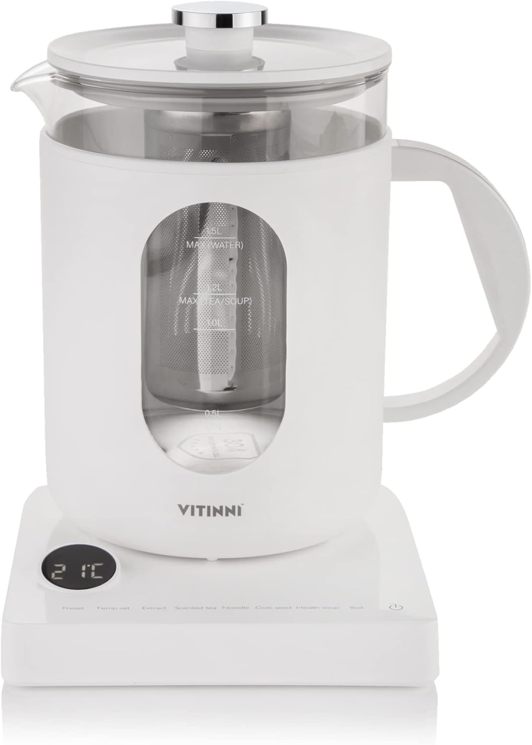 Vitinni Smart Wasserkocher, 1,5L, Glänzend-Weiss, Eingebautes Teesieb, Touch-Steuerung, Warmhaltefun