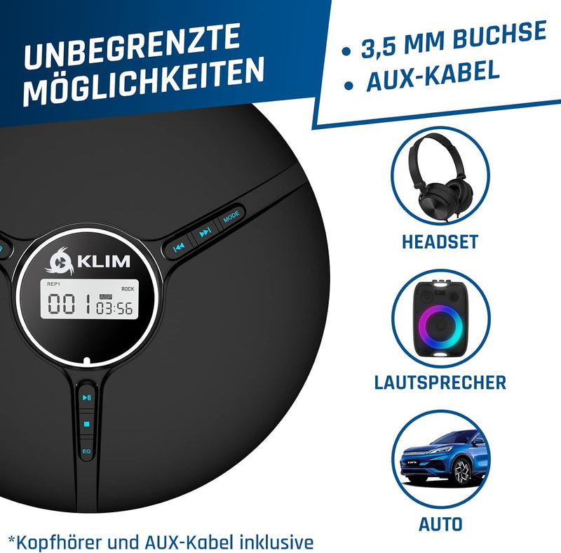 KLIM Discman mit Kopfhörer - Tragbarer CD-Player mit Kopfhörer - mit eingebautem Akku - NEU 2024 - K