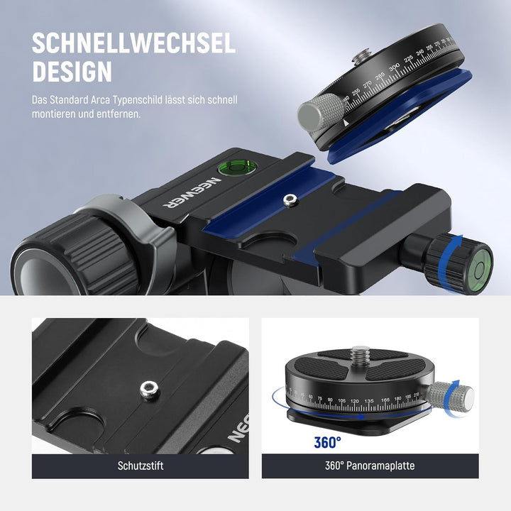 NEEWER TH15 3-Wege-Getriebe-Stativkopf mit 360°-Panorama-Arca-QR-Platte, Millimeter-Mikroeinstellung