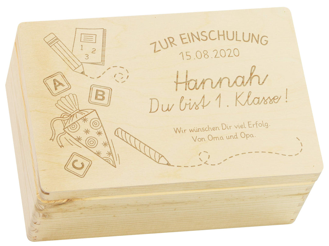 LAUBLUST Holzkiste mit Gravur - Personalisiert mit Datum | Name | WIDMUNG - Naturbelassen, Grösse M