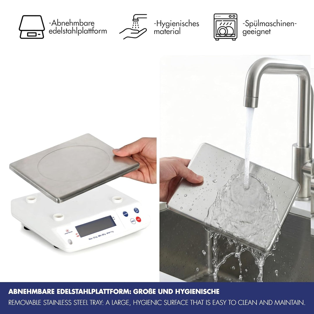 LOUIS TELLIER, Professionelle Elektronische Waage,12 kg, IP53, Genauigkeit 1 g, Abnehmbare Edelstahl