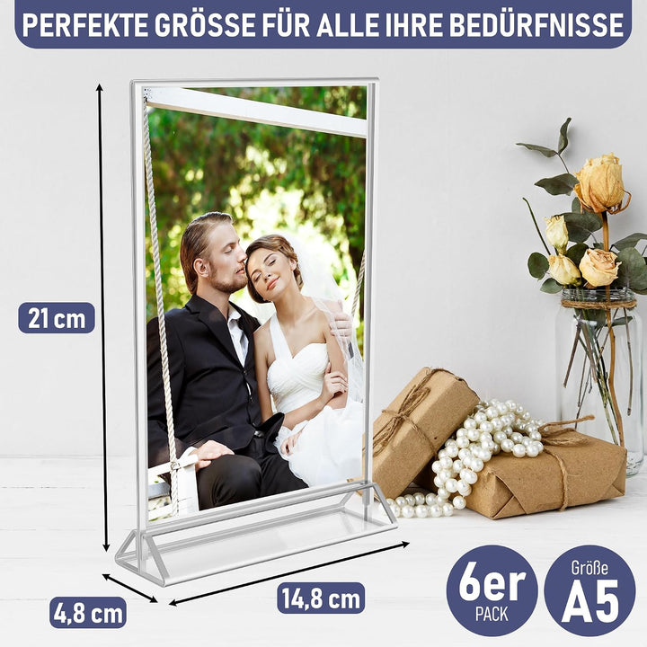 Silberne Bilderrahmen doppelseitig – 6 Stück – A5 Acryl Silber Tischnummernhalter, klare Staffelei T