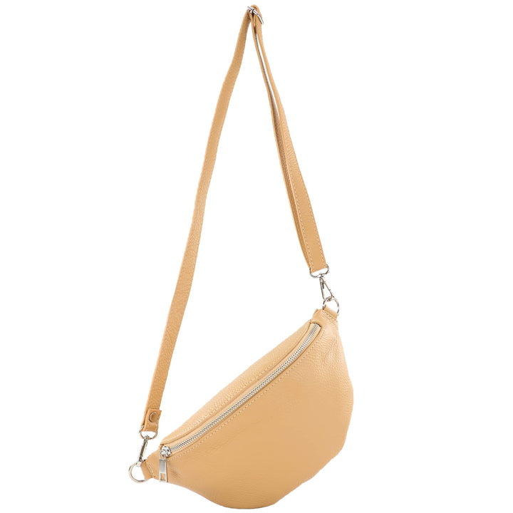 modamoda de - T211 - ital. Hüfttasche Bauchtasche Brusttasche Medium aus weichem Leder, Farbe:Beige,