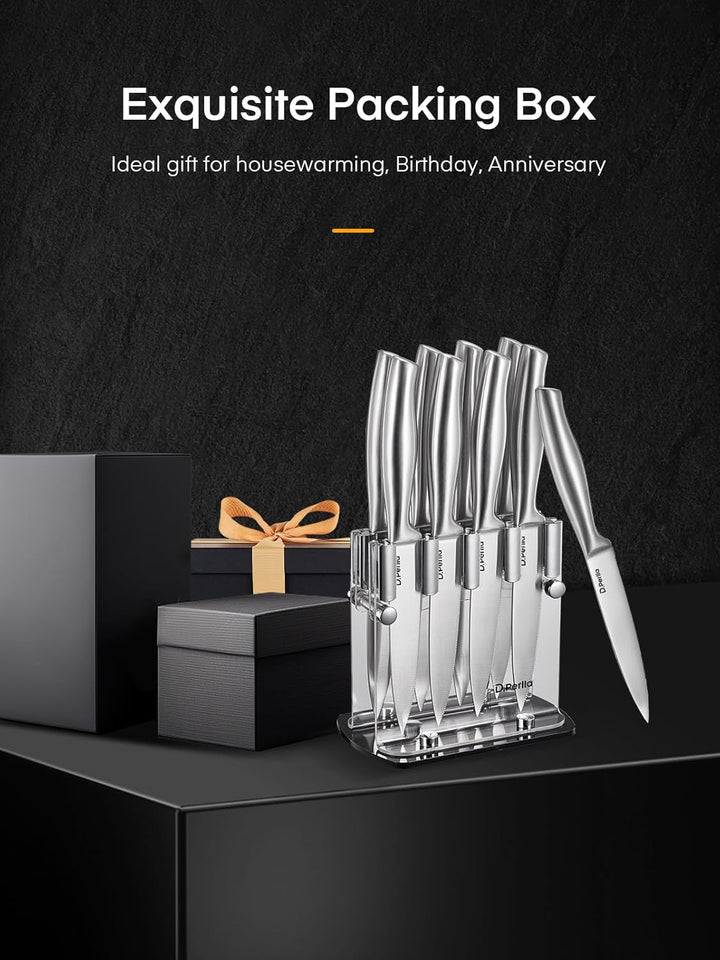 D.Perlla Steakmesser, Steakmesser Set 9-teilig，Scharfes Steakmesserset mit ergonomischem Griff, 8 St