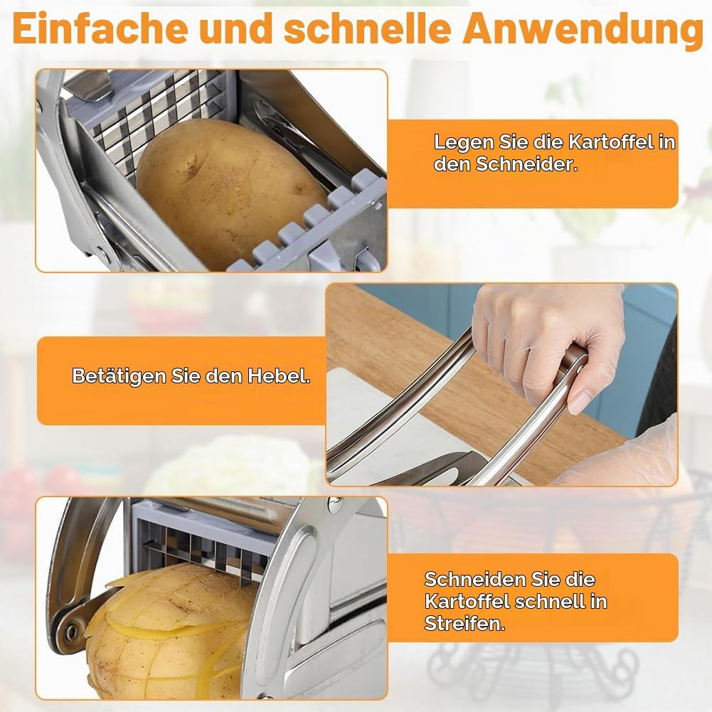Pommesschneider Edelstahl, Pommespresse mit 2 Schneideeinsätzen, Multifunktionaler Kartoffelschneide