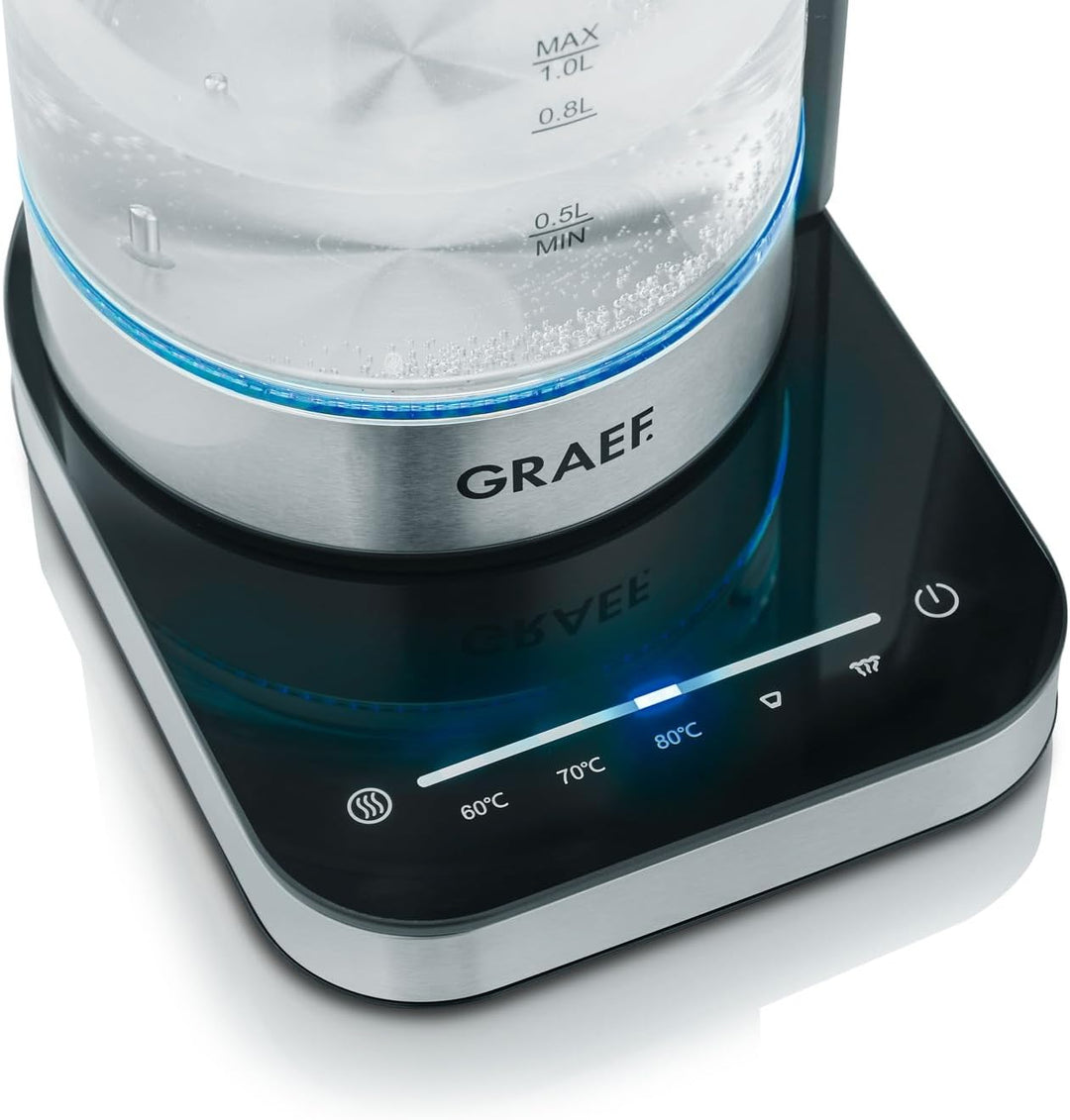 GRAEF Glaswasserkocher WK350 - Wasserkocher 1 Liter, Hochwertiges Design, SCHOTT DURAN Glas, Edelsta