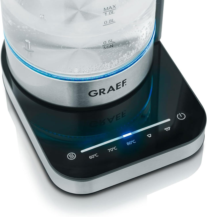 GRAEF Glaswasserkocher WK350 - Wasserkocher 1 Liter, Hochwertiges Design, SCHOTT DURAN Glas, Edelsta