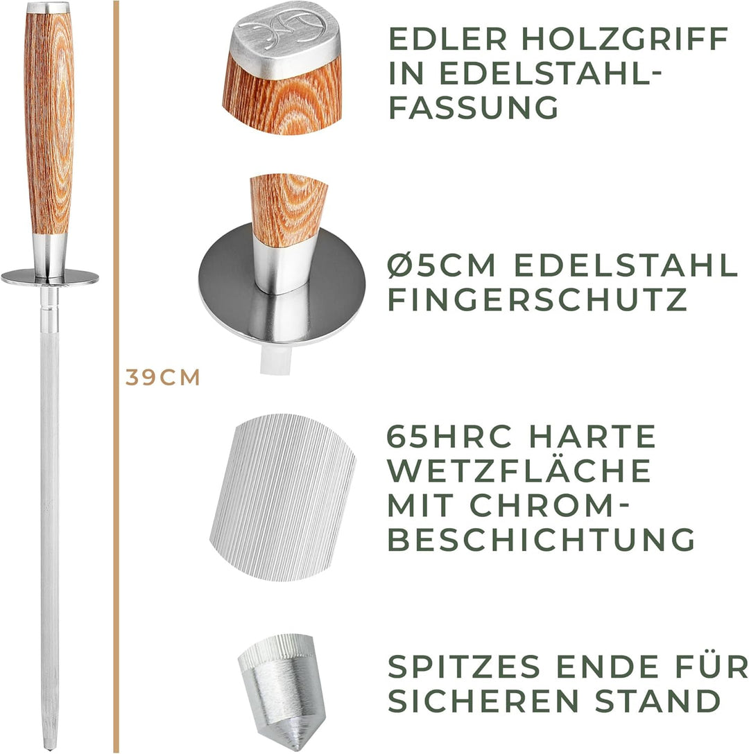 WALDWERK Premium Wetzstahl - Messerschärfer aus gehärtetem Stahl und mit edlem Holzgriff - 100% plas