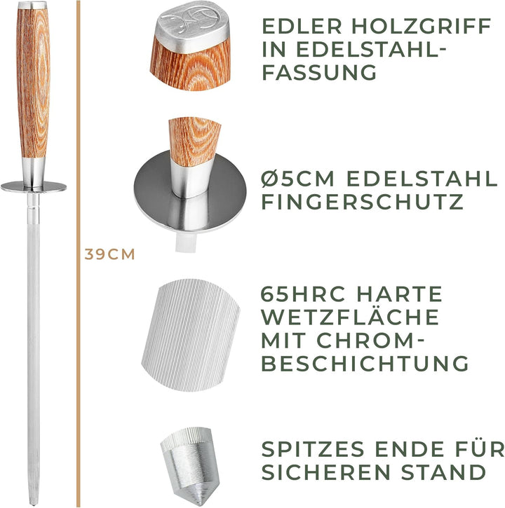 WALDWERK Premium Wetzstahl - Messerschärfer aus gehärtetem Stahl und mit edlem Holzgriff - 100% plas