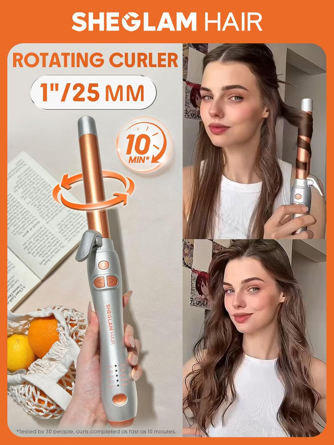 SHEGLAM Rotierendes Lockenstab, Automatischer Lockenwickler 25mm für langes Haar, mühelose Beach Wav