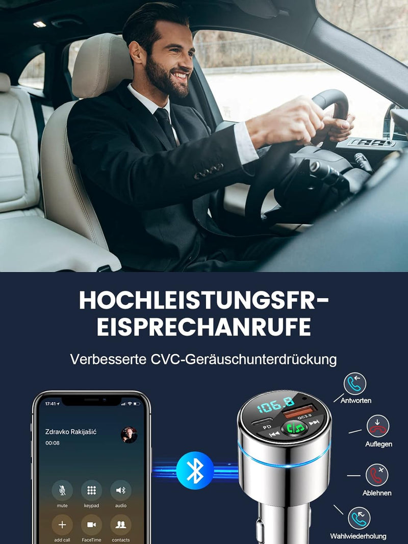 Mohard FM Transmitter Auto Bluetooth 5.3, Ganzmetall PD 30W & QC3.0 18W Schnelles Autoladegerät Ziga