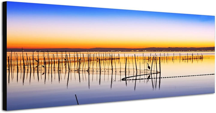 Paul Sinus Art Panoramabild auf Leinwand und Keilrahmen 150x50cm Meer Schilf Küste Morgendämmerung