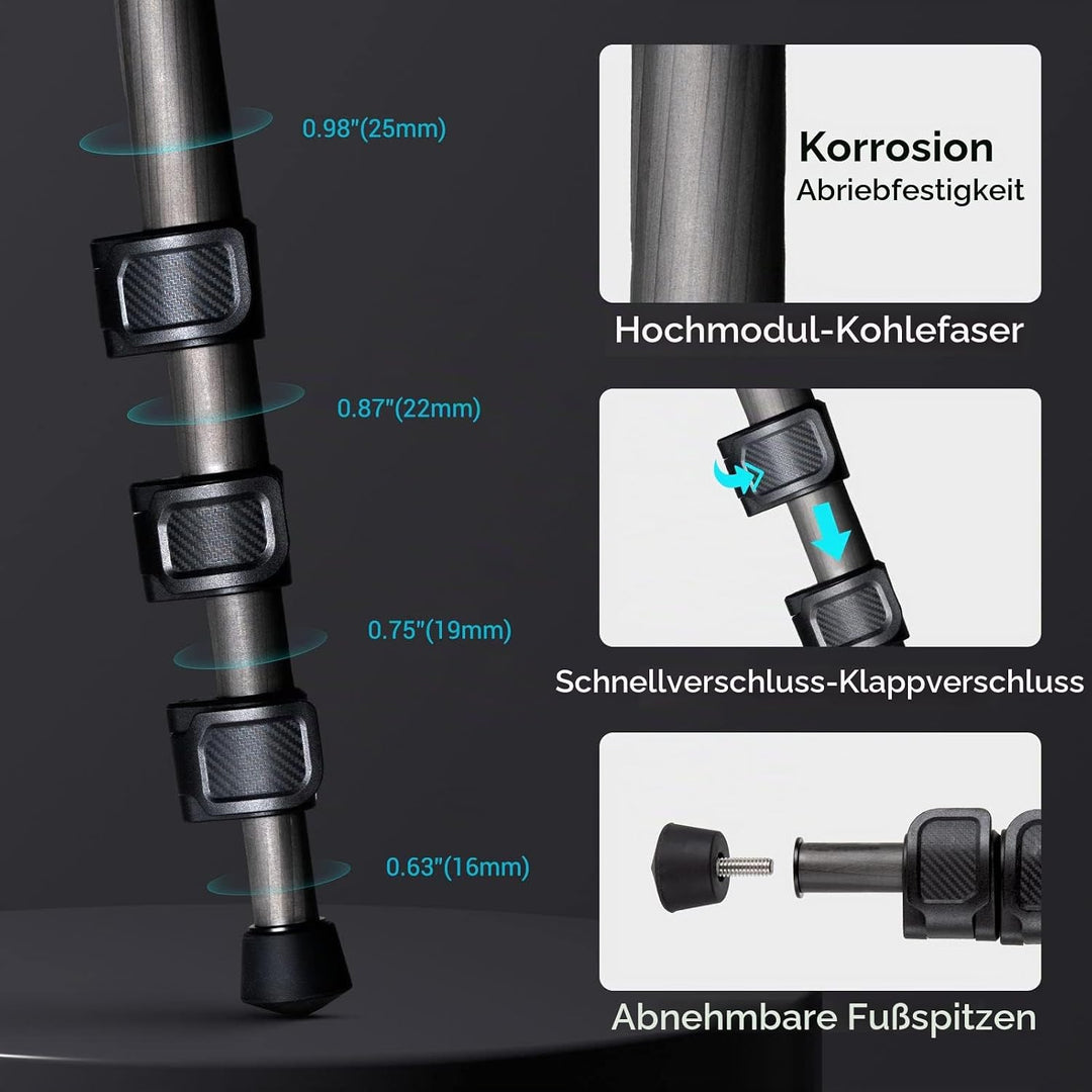 SMALLRIG Leichtes, kompaktes Kohlefaser-Stativ mit abnehmbarem Einbeinstativ, 360°-Kugelkopf mit Sch