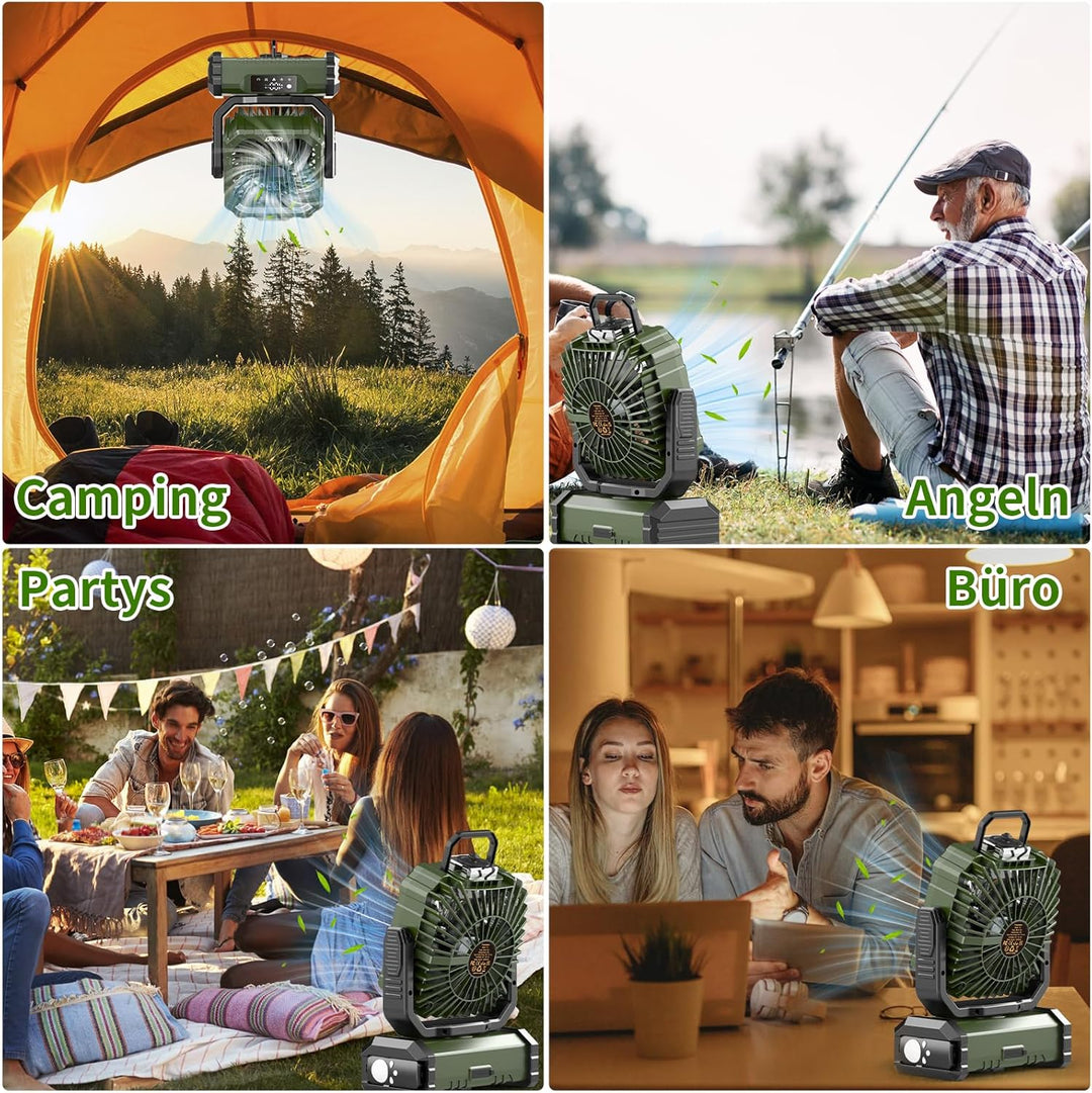 Camping Ventilator 20000mAh, Wiederaufladbarer Tischventilator USB Ventilator mit LED Licht & Haken,