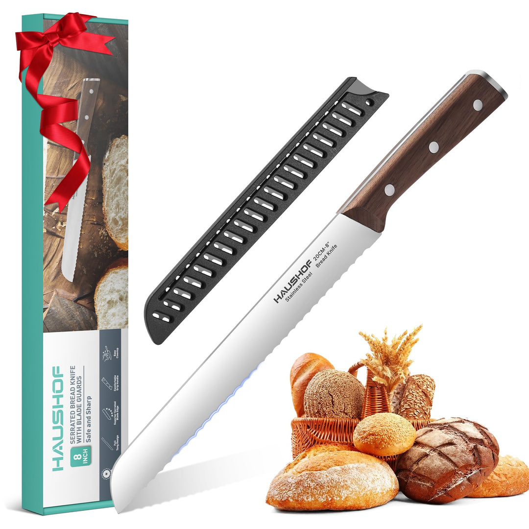 HAUSHOF Brotmesser mit Wellenschliff, Küchenmesser mit Holzgriff aus hochwertigem Edelstahl, Ultrasc