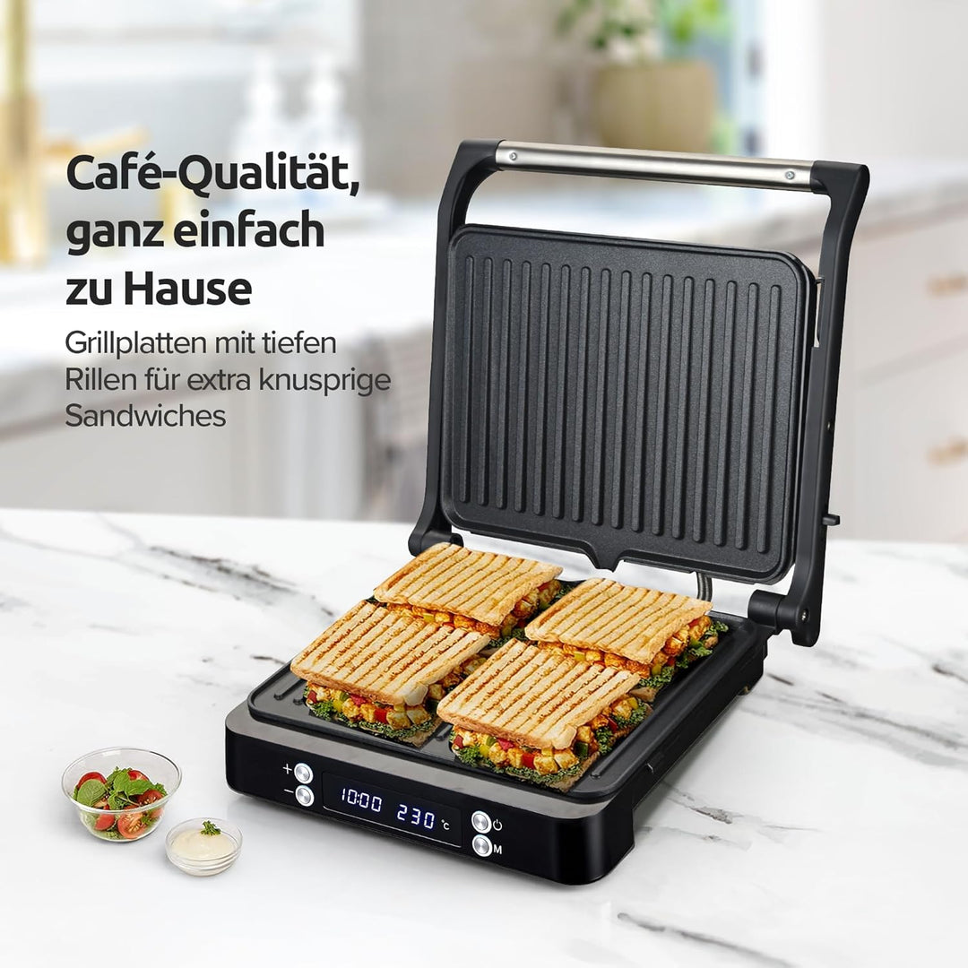 Olvy Sandwichmaker XXL, Digitaler Kontaktgrill mit Antihaftplatten, 3-in-1 Panini Maker, 180° offene