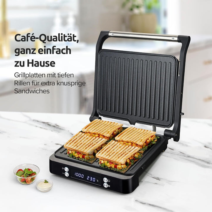 Olvy Sandwichmaker XXL, Digitaler Kontaktgrill mit Antihaftplatten, 3-in-1 Panini Maker, 180° offene
