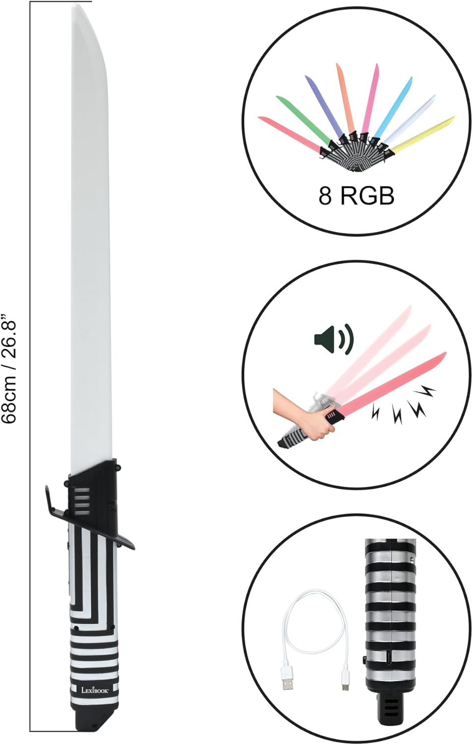 Lexibook, interaktiver Säbel, der auf Bewegungen reagiert, 4 Lichtmodi, leuchtet in 8 Farben, Kampfs