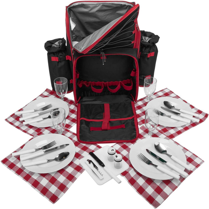 anndora Picknickrucksack 4 Personen schwarz weiss gepunktet + 29-TLG. Zubehör