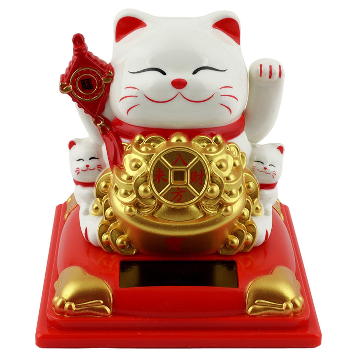 Freak Scene Glückskatze Maneki-Neko Knoten weiss Solar auf Sockel 8cm Winkekatze Lucky cat, Weiss