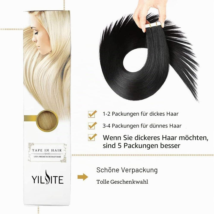 YILITE Tape Extensions Echthaar, Jet Black 45cm 20 Stück/Packung 50g Tape in Extensions Echthaar Inv