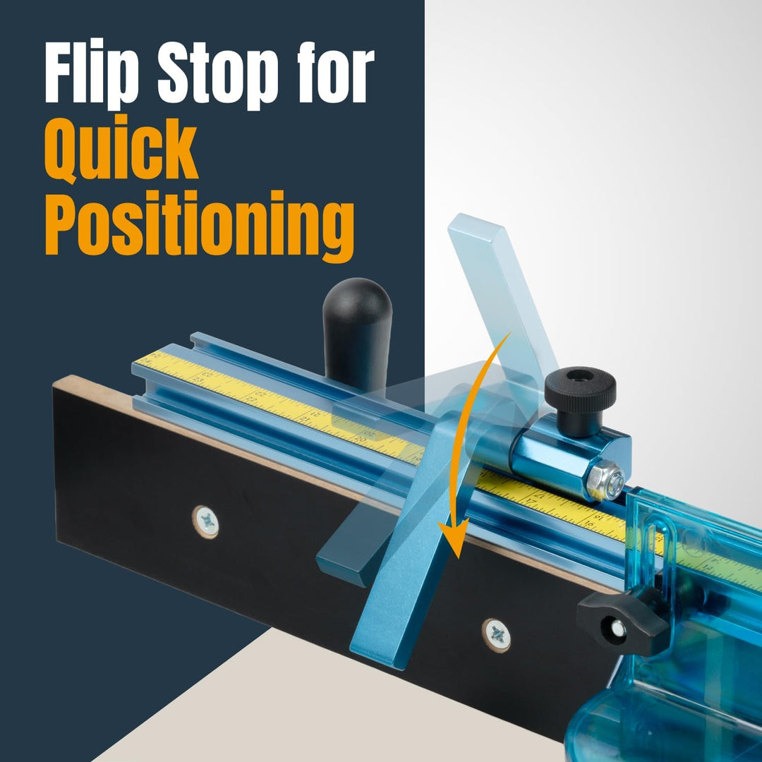 POWERTEC 71367 3 Zoll Zaun Flip Stop für Holzbearbeitung, blau Zaunstopper, 7,6 cm, Zaunstopper, 7,6