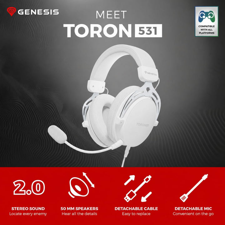 Genesis Toron 531 Gaming Headset – Over-Ear Kopfhörer mit 50 mm Treibern, abnehmbares Mikrofon, 3,5