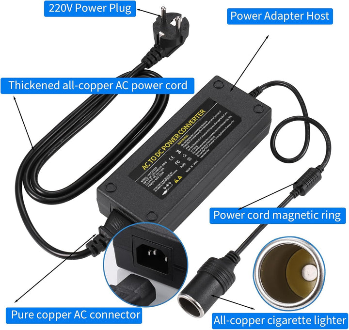 JIZZU 120W 10A KFZ Netzadapter Spannungswandler 230V auf 12V Adapter für Kühlbox, Haushalt Stromrich