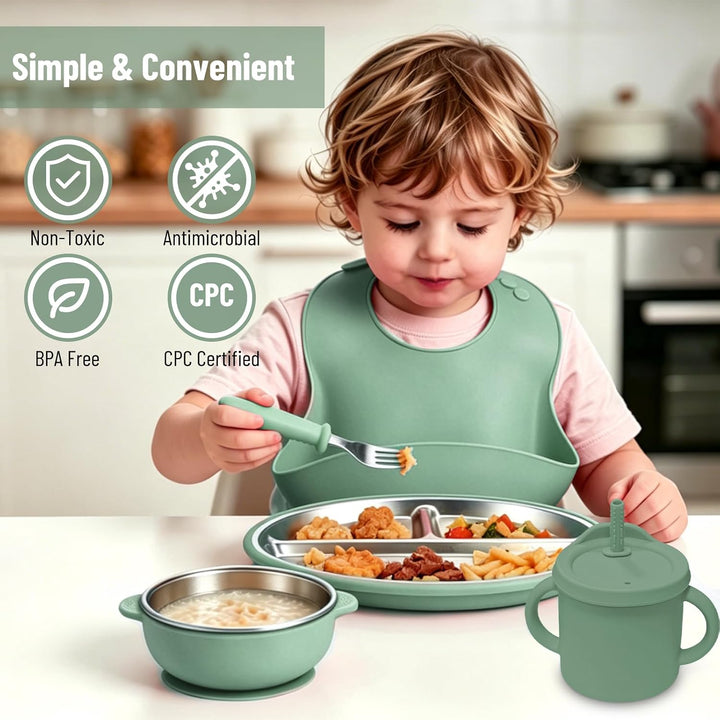 6er Set Edelstahl Baby Geschirrset mit Silikonhülle,BPA-freies Armeegrün, Armeegrün