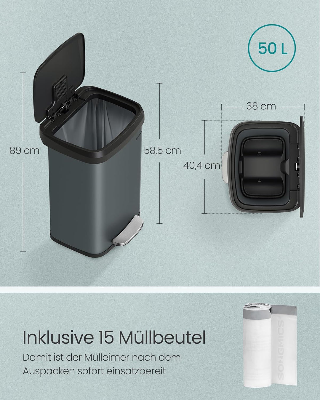 SONGMICS Mülleimer Küche, 50 Liter Abfalleimer, Tretmülleimer aus Metall, mit Deckel, hoch, schmal u