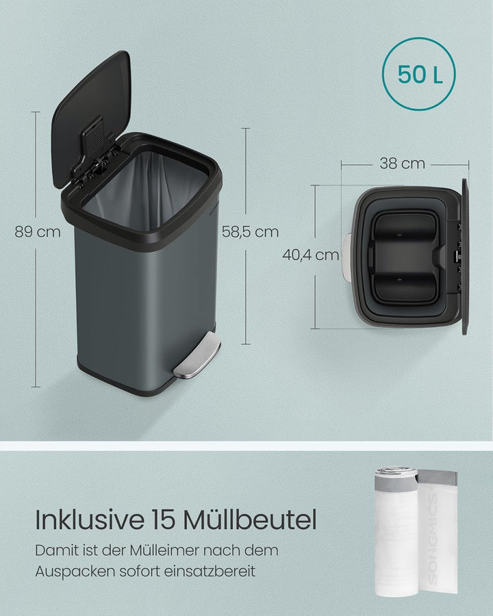 SONGMICS Mülleimer Küche, 50 Liter Abfalleimer, Tretmülleimer aus Metall, mit Deckel, hoch, schmal u