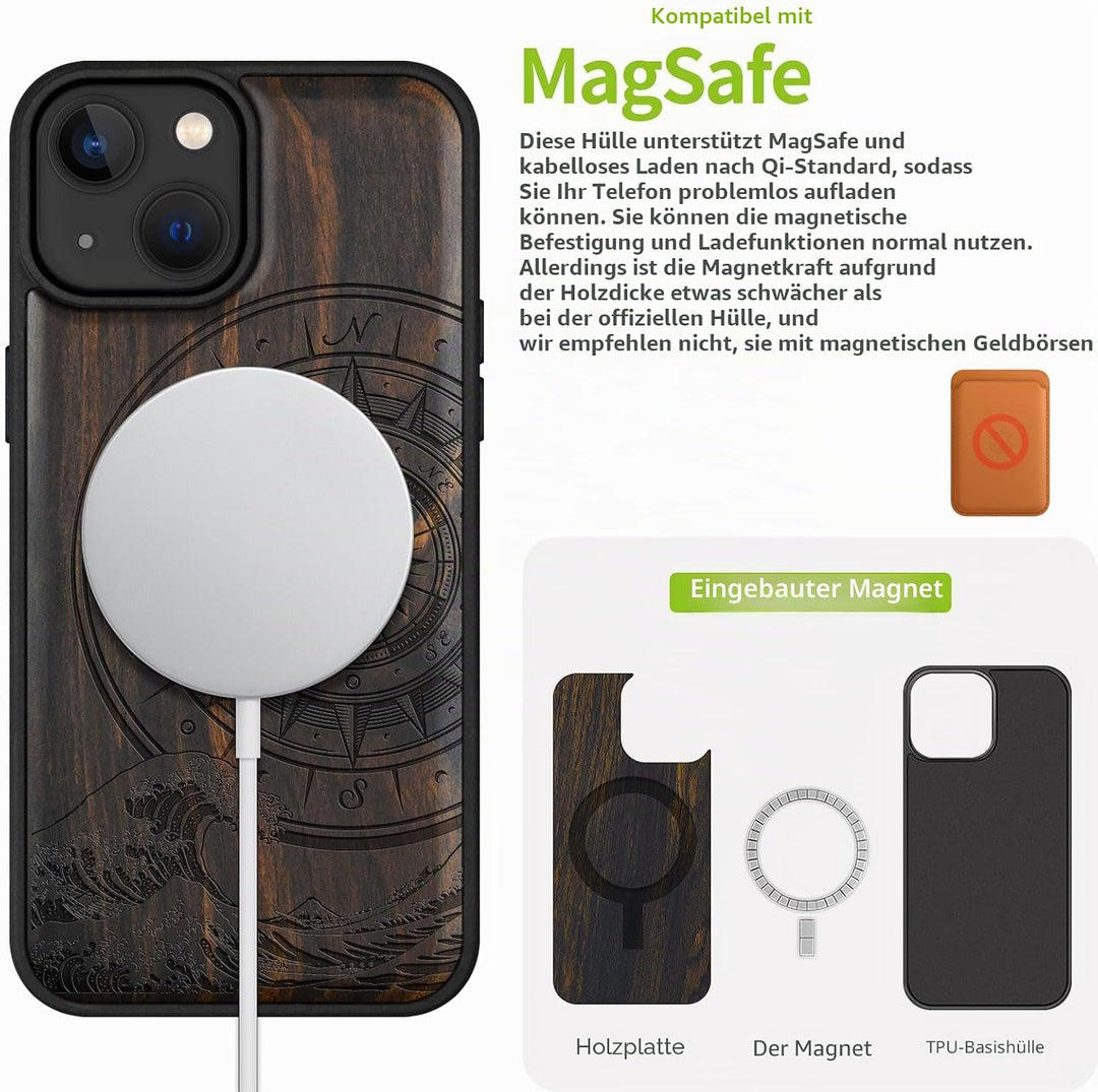 Carveit Holz Handyhülle für iPhone 15 Handyhulle kompatibel mit MagSafe Massivholz für Apple 15 Hand