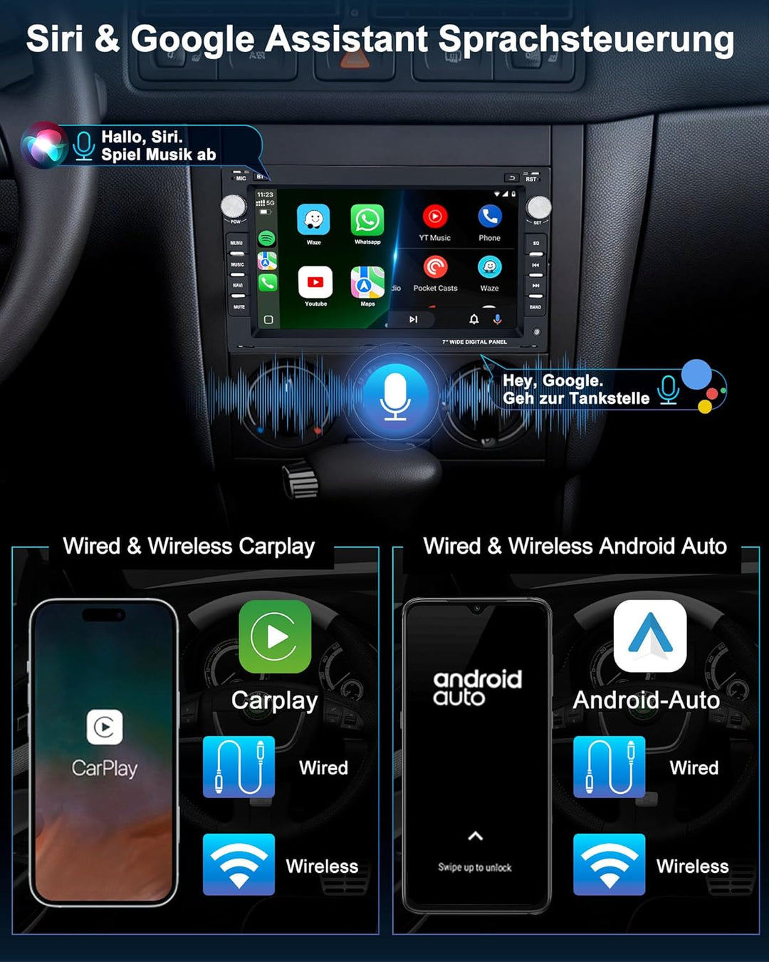 Autoradio mit Bildschirm 2+64G Bluetooth Radio für VW Golf 4 Polo 9N T5 Passat B5 Seat Skoda, 2DIN 7