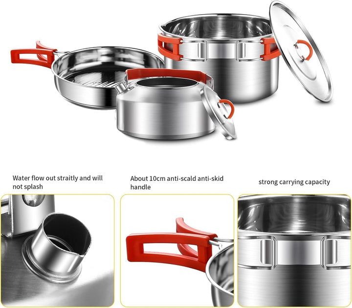 Camping Kochset, Camping Kochgeschirr Set, 304 Edelstahl Camping Töpfe und Pfannen Set, beinhaltet T