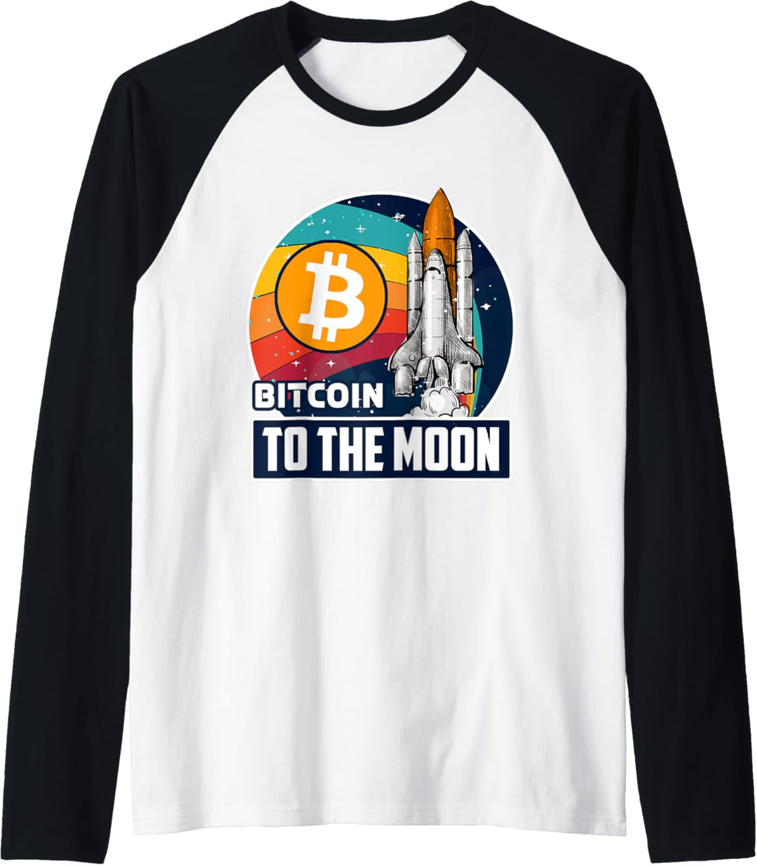 Bitcoin zum Mond, digitale Krypto, BTC, Retro-Raumschiff Raglan