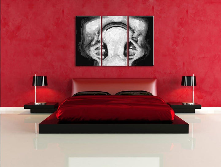 Pixxprint Sexy Girl mit Kopfhörer Pinsel Effekt 3-Teiler Leinwandbild 120x80 Bild auf Leinwand