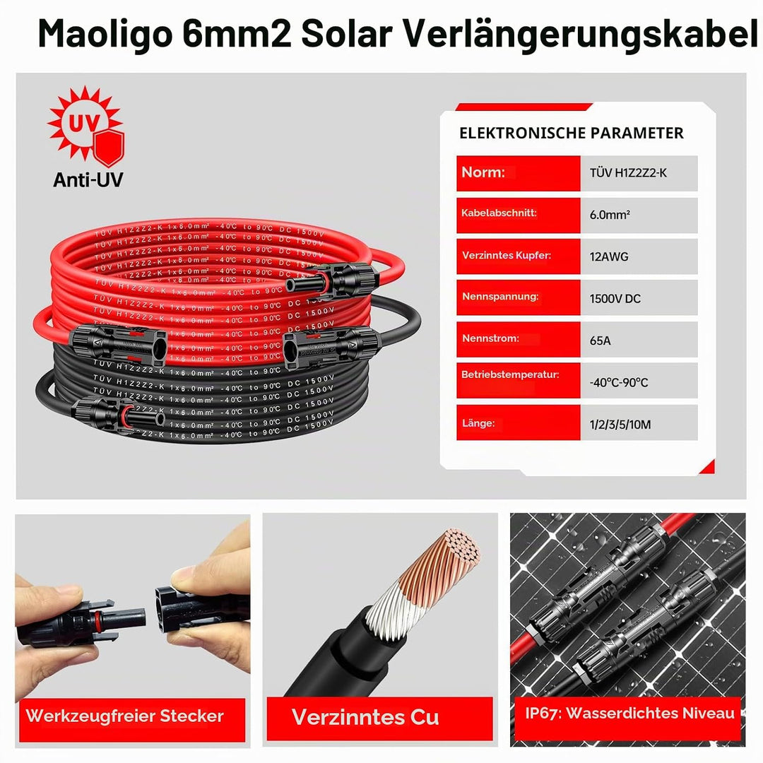 Maoligo 6mm² Solarkabel 1/2/3/5/10M Paar, H1Z2Z2-K Solar Verlängerungkabel mit Solarstecker,1500V, 6
