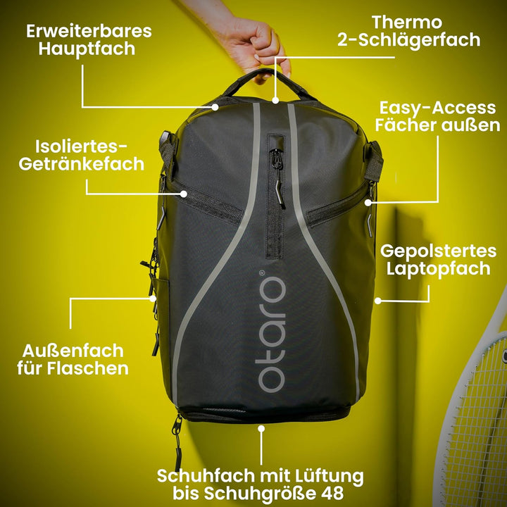 Otaro Tennisrucksack mit Schuhfach (Für 2 Tennisschläger) Inkl. Separierten Schuhfach & Schlägerschu