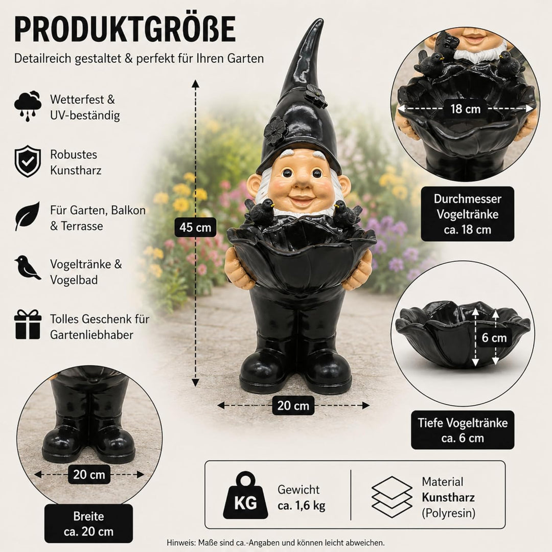 Gartenzwerg Vogeltränke aus Kunstharz – Dekorative Gartenfigur mit Vogelbad – Wetterfeste Gartendeko
