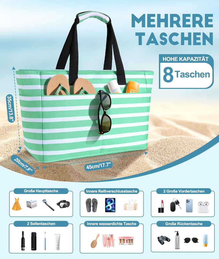 ISEYOU Strandtasche XXL Familie, Gross Strandtasche mit Reissverschluss Wasserdicht Sanddicht, Handt