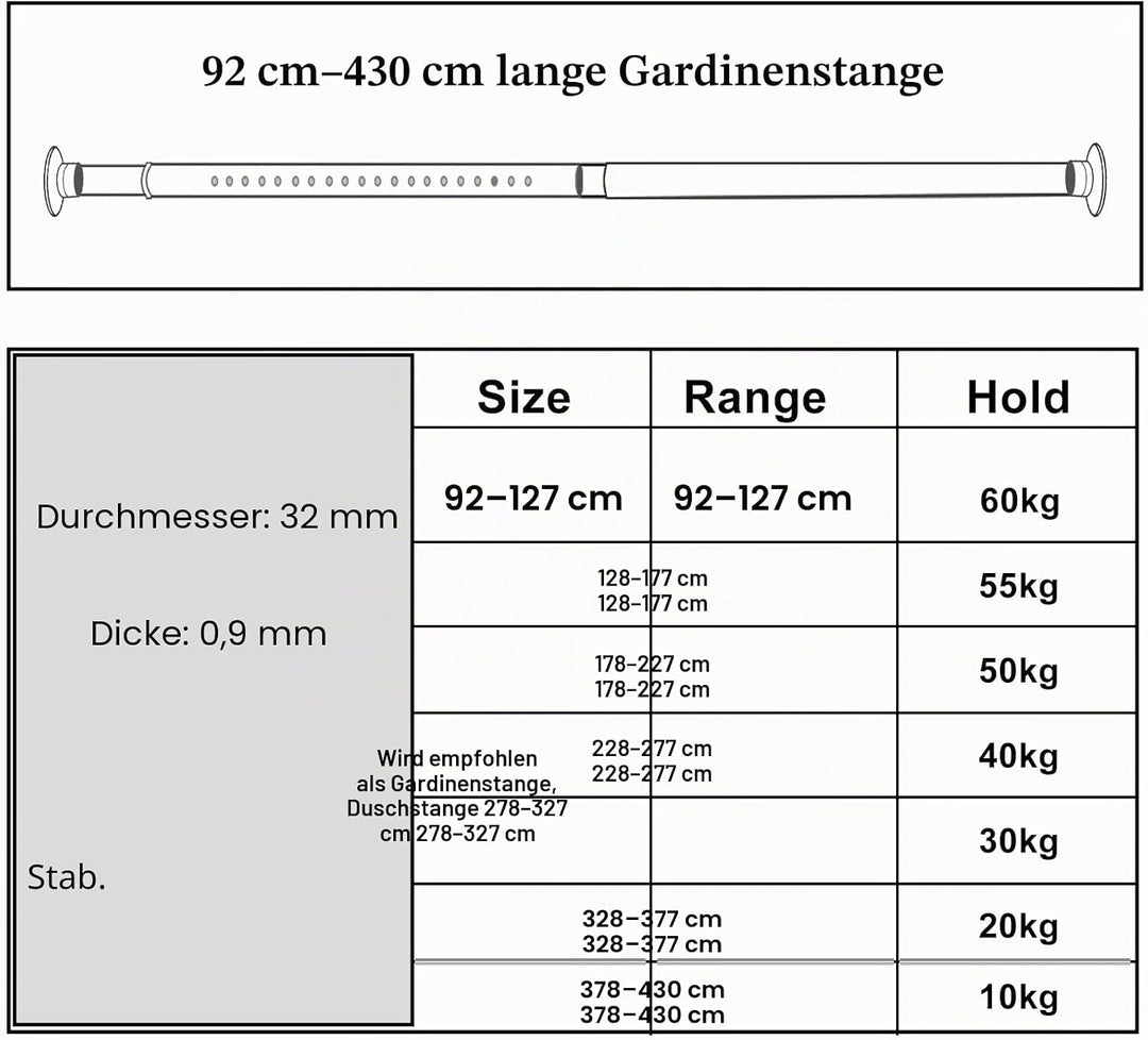 278-327cm Extra Lange Gardinenstange, Ohne Bohren Teleskopstange , Ausziehbare Edelstahl Duschvor